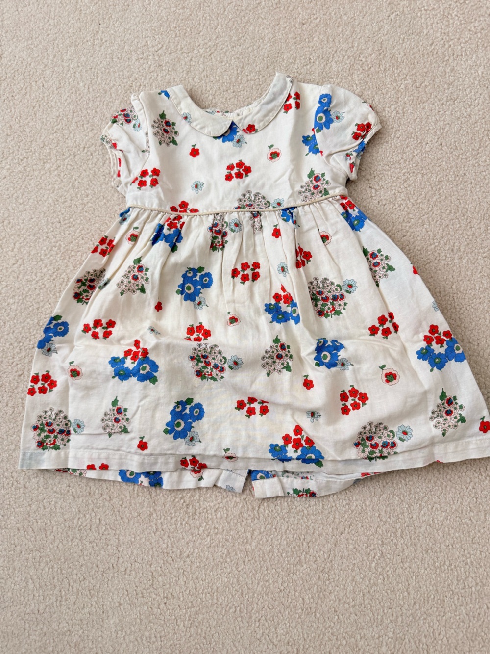 Baby Boden White Cotton Dress with Blue and Red Floral Print
